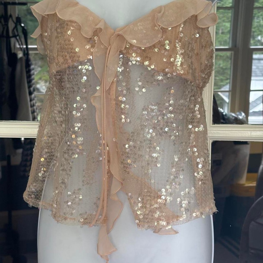 Zara Pink Sequin Camisole Top, featuring sheer mesh ruffled chiffon trim SZ XS - Picture 6 of 7
